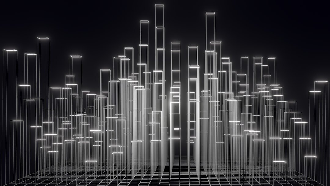 Smart city at night with illuminated buildings and digital overlay